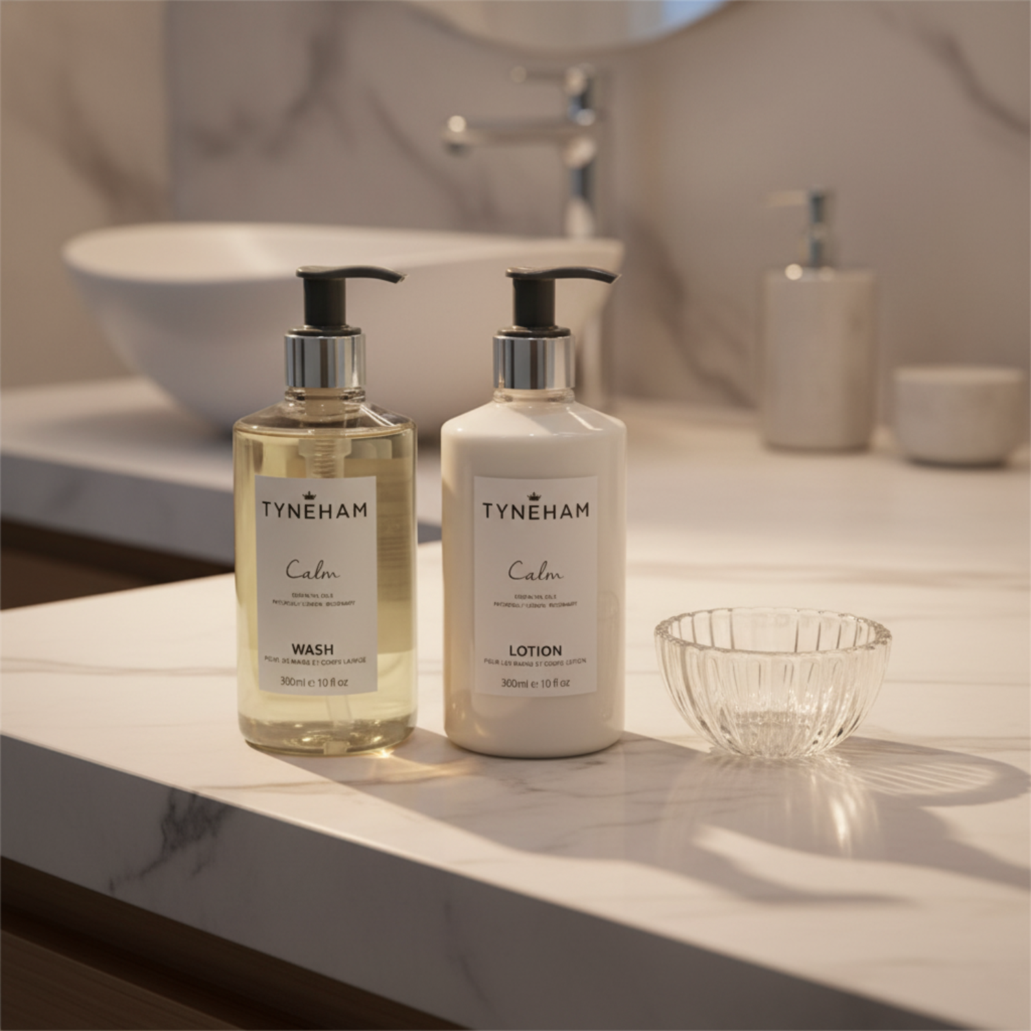 Tyneham Calm wash and lotion bottle beside sink